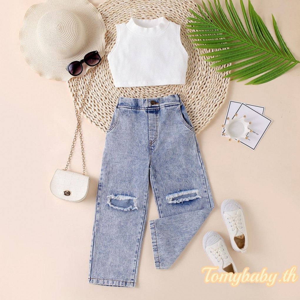 Tomybaby-kids Girls 2 ชิ้นชุดเสื้อกล้ามแขนกุด + Ripped Denim กางเกงชุด