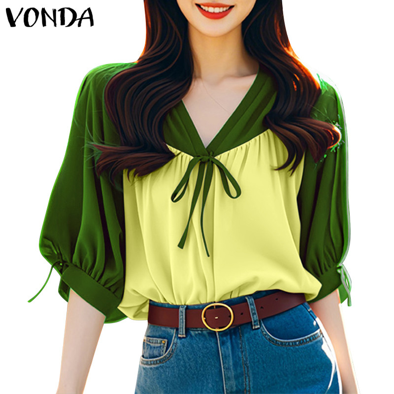 Vonda ผู้หญิงเกาหลีลําลองคอวีผูกพัฟแขนเสื้อ Patchwork Elegant Blouse
