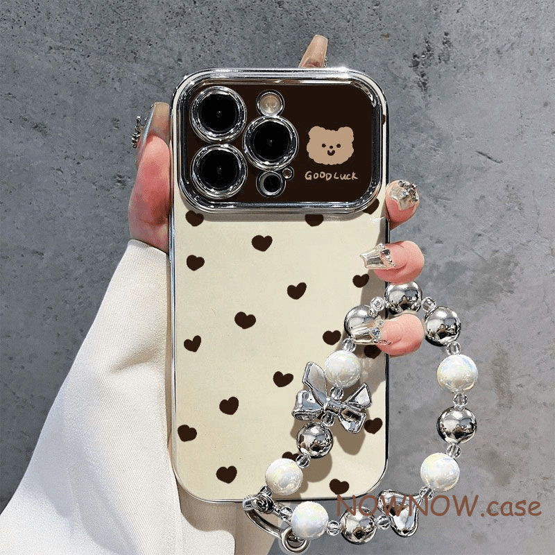 สําหรับiphone 16 15 14 13 12 11 Pro Max X XR Max 7 8 Plus INSเงินชุบหน้าต่างขนาดใหญ่Love Bearเคสโทรศัพท์Silver Love Bowสร้อยข้อมือ
