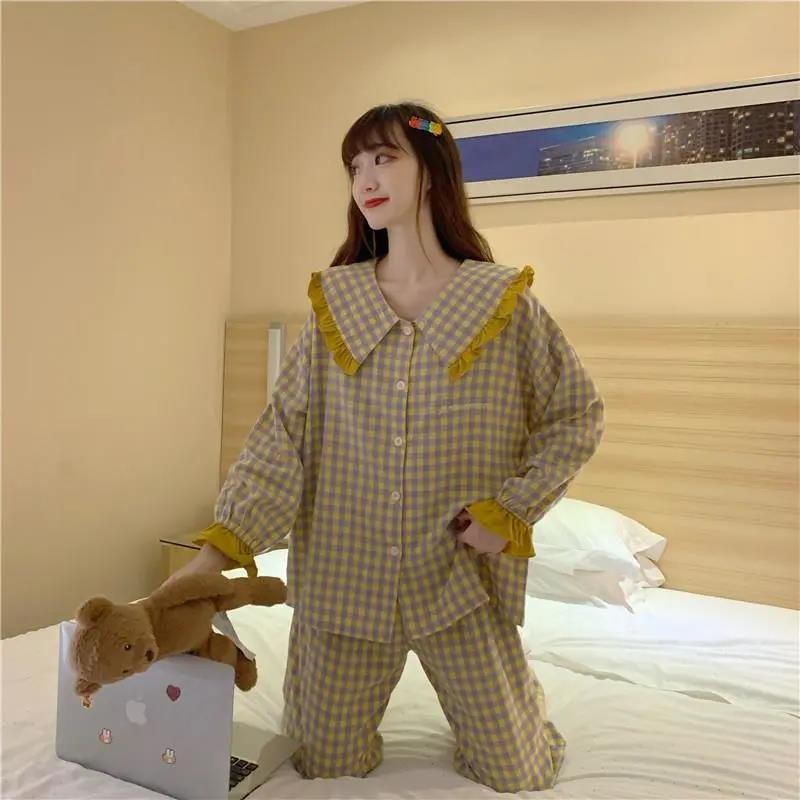 Cardigan Ruffled ชุดนอนผู้หญิงฤดูใบไม้ร่วงหวานแขนยาวลายสก๊อต Loungewear สูท