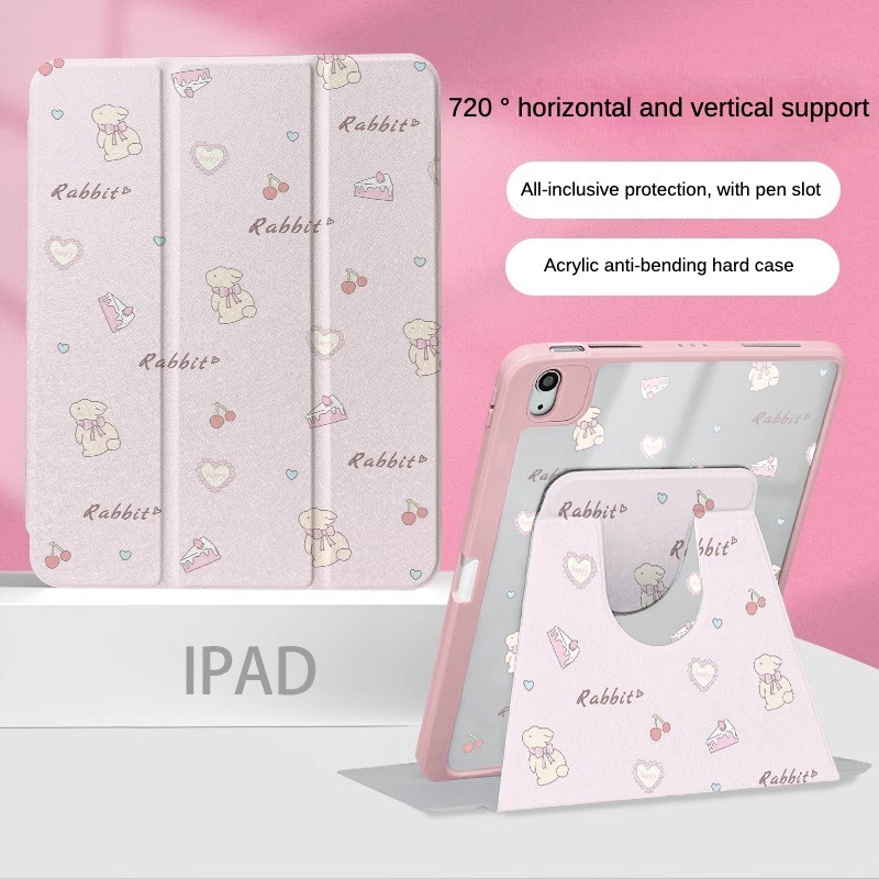 360 ° เคส iPad หมุนได้พร้อมช่องเสียบปากกา Cherry Bow ลูกแมวอะคริลิค Backboard Pro11 Gen10 Gen9 Gen8 Gen7 10.2 นิ้ว Gen6 Gen5 Air6 Air5 Air4 Air3 Air2 ฝาครอบ iPad หมุนได้