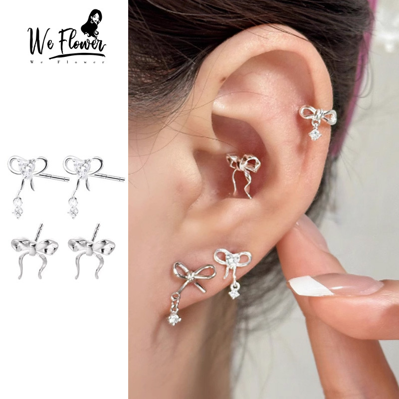 เราดอกไม้ที่ละเอียดอ่อนส925เงินคริสตัลโบว์เจาะต่างหูสําหรับผู้หญิงสาว ไม่แพ้ง่าย หูกระดุมอุปกรณ์เครื่องประดับ