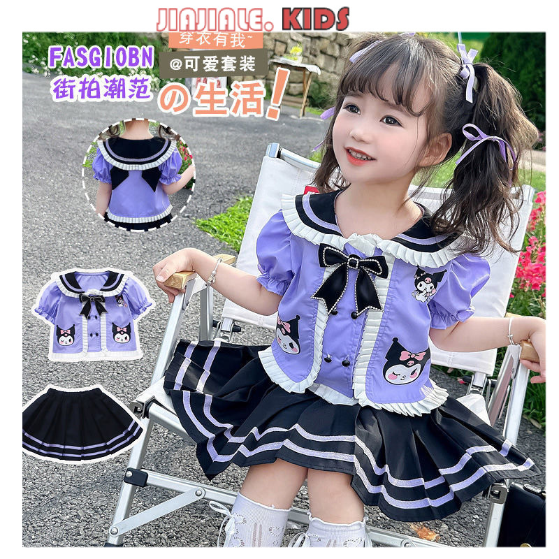 100 ซม.-160 ซม.ความสูงหญิง Kuromi 2 ชิ้นชุดเสื้อโปโลแขนสั้น Academy ฤดูร้อนชุด JK กระโปรงจีบอนุบาลชุดสองชิ้น