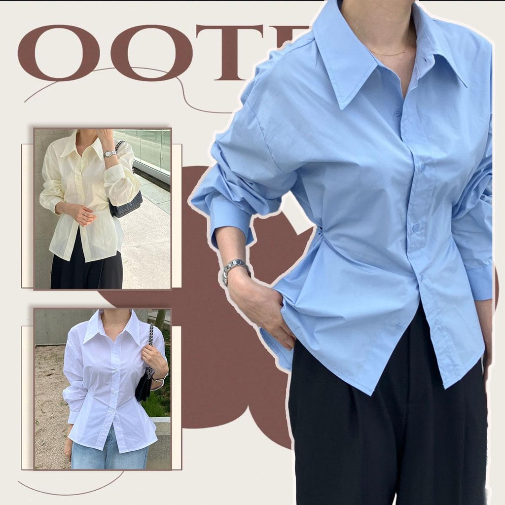 KOKO# เสื้อเชิ้ตเข้ารูปแขนยาว กระดุมหน้า คอปก สีพึ้นต์แฟชั่นเกาหลี (พร้อมส่งจากไทย) #w459