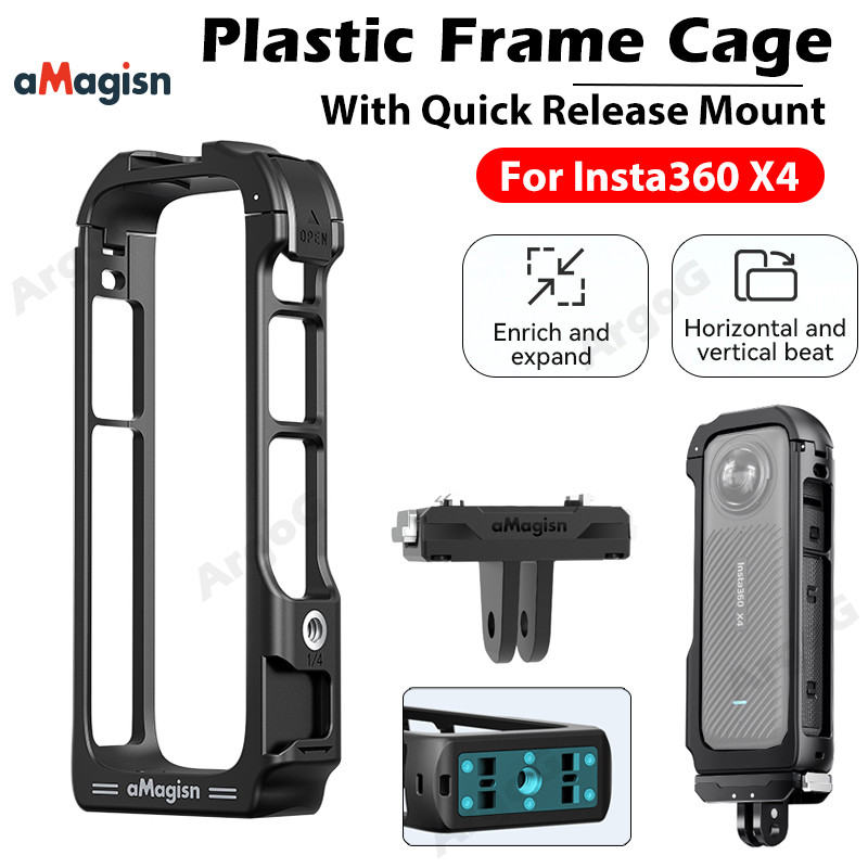 Amagisn กรงกรอบพลาสติกสําหรับ Insta360 X4 พร้อม Quick Release Mount เคสป้องกันรองเท้าเย็นและ 1/4 สกรูพอร์ตขยาย Insta360 X4 อุปกรณ์เสริม