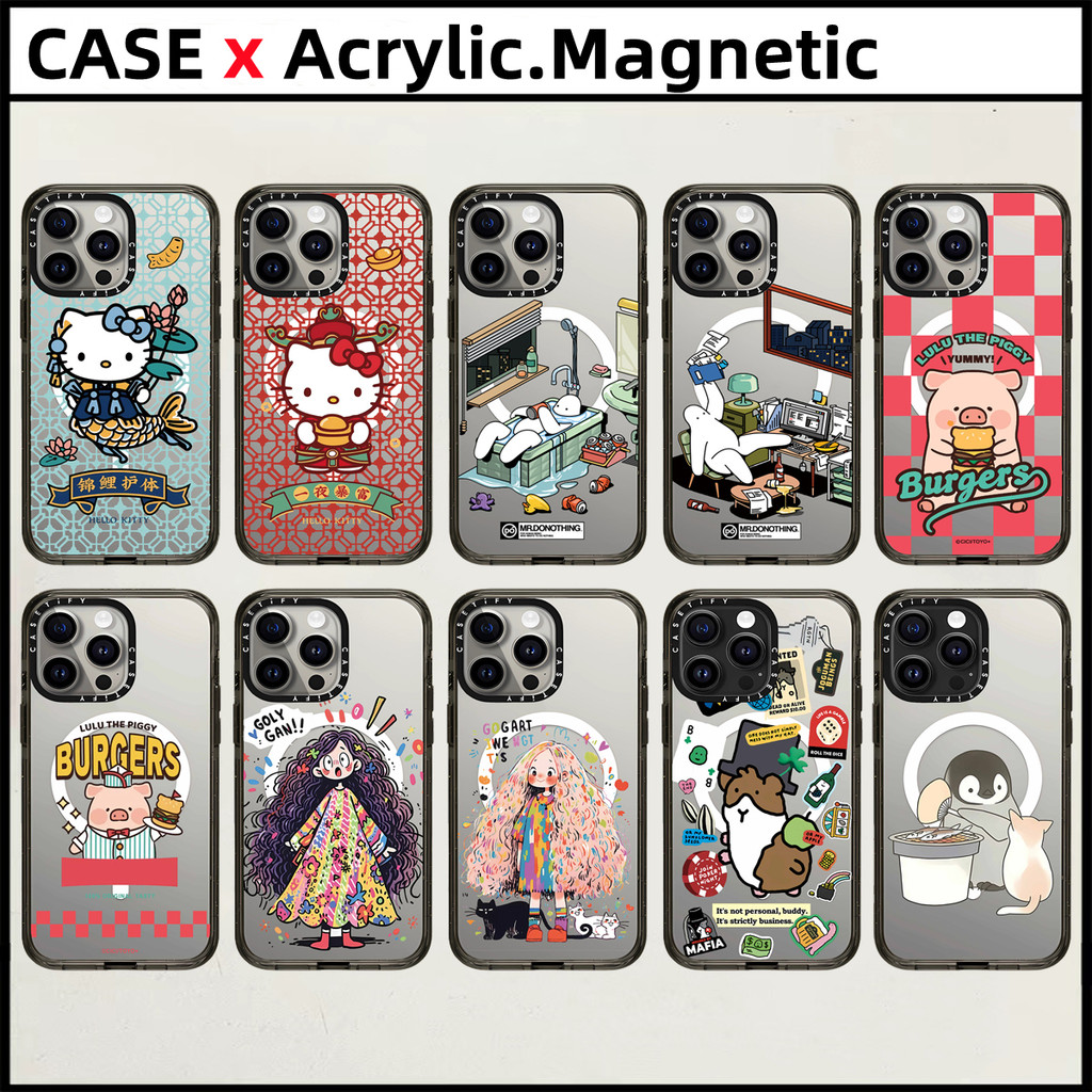Casetifyhello Kittyอะคริลิคปลอกแม่เหล็กสําหรับiPhone 15 16 Pro Max 14 15 16 Plusกรณี Mr.Donthing LuLu The piggy Guinea Pig Travelsแฟชั่นแกะสลักด้านข้างตัวอักษรฝาครอบป้องกัน