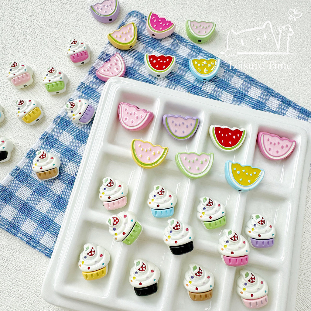 5 ชิ้น/เซ็ต Macaroon น่ารัก Cupcake แตงโมสีทาสีโลหะผสม Handmade DIY หลวมลูกปัดสร้อยข้อมือสร้อยคอทําอุปกรณ์เสริม
