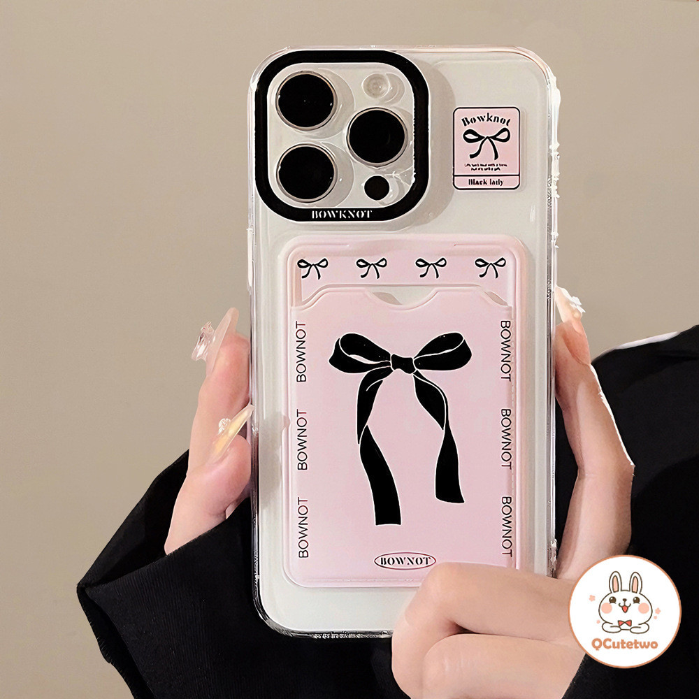 Girly การ์ดสีชมพูกระเป๋า Bowknot เคสโทรศัพท์สําหรับ Iphone 11 15 14 13 12 Pro Max XS Max XR 8 7 Plus SE2020 โปร่งใสป้องกันสิ่งสกปรก Soft TPU ฝาหลัง