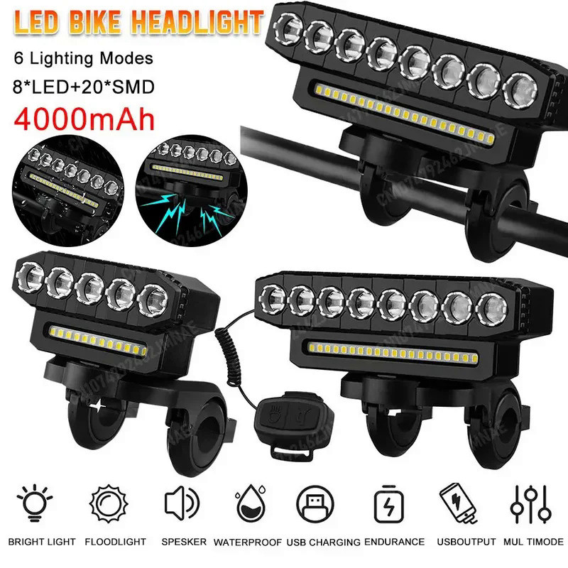 LED Bike Headlight Bicycle Front Light with 130DB Bell Bike Safety Light Power Bank 6 Light Modes fo