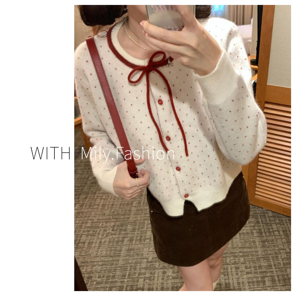 Milyfashion เสื้อคาร์ดิแกนถักผู้หญิงเสื้อคาร์ดิแกนลายจุดสีแดงลายจุดฤดูใบไม้ผลิและฤดูใบไม้ร่วงเสื้อคาร์ดิแกนถัก