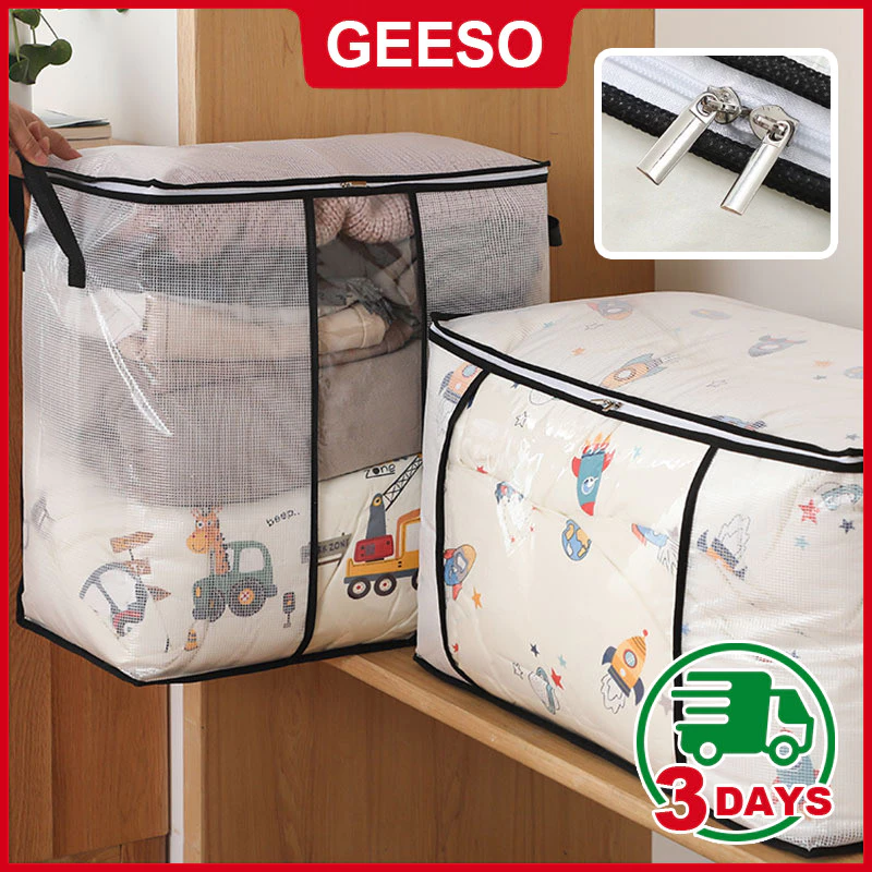 GEESO ถุงเก็บของ กันฝุ่น PVC ใส ความจุขนาดใหญ ป้องกันเชื้อรา มีซิปรูดปิด กล่องพับได้ ที่เก็บของในบ้าน กระเป๋าเก็บผ้านวม Dustproof Storage Bag 透明棉被袋