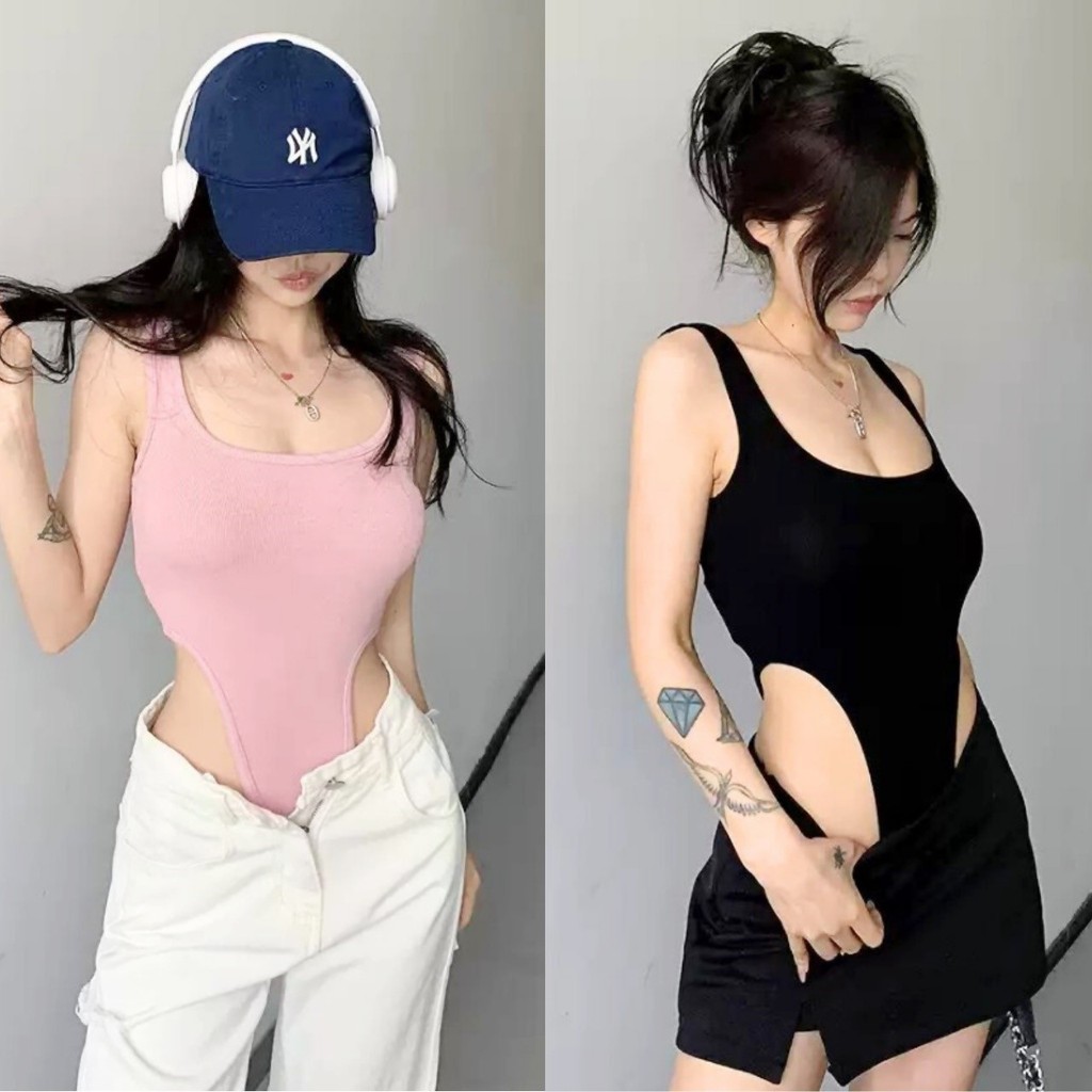ราคาถูกที่สุด บอดี้สูทแฟชั่น ทรงเสื้อกล้าม 2 สี ชมพูดำ เป้ากระดุมแป๊ก อกไม่มีฟองน้ำ