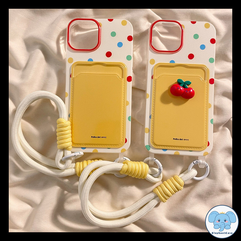 น่ารักจุดกลมเชอร์รี่ เข้ากันได้เคสไอโฟน 16 11 15 13 12 14 XR Pro Max X XS Max 7 8 16 Plus SE เชือกกระเป๋าสตางค์บัตรเคส