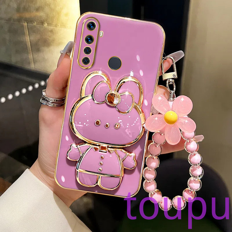 ปลอกrealme 5 5i 5s 6i c3 5 Proเคสโทรศัพท์TPU 3Dกระต่ายเครื่องสําอางกระจกแต่งหน้าขาตั้งUltra Thin Electroplated Soft Caseเคสกันกระแทกพร้อมสร้อยข้อมือ