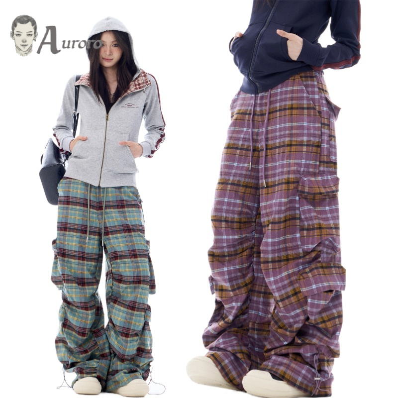 ลายสก๊อตความงาม High Street Cargo กางเกงสําหรับชายแฟชั่นรูปแบบ Baggy กางเกงผู้ชายแนวโน้มสบายๆตรงตัดกางเกงสําหรับชาย