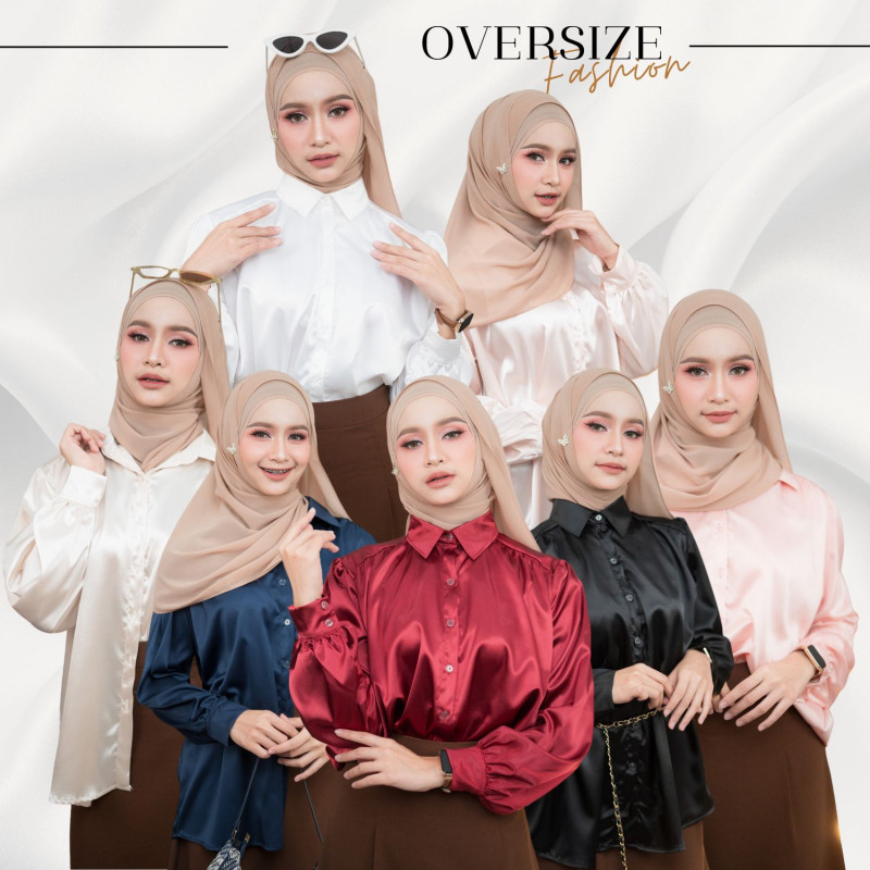 เสื้อคอปกผ้าซาติน คละเฉดสี ดีไซส์เรียบหรู งานแขนยาวทรงโคมไฟ สวมใส่แล้วดูดีมีสไตล์ DG33วาริสมุสลิม