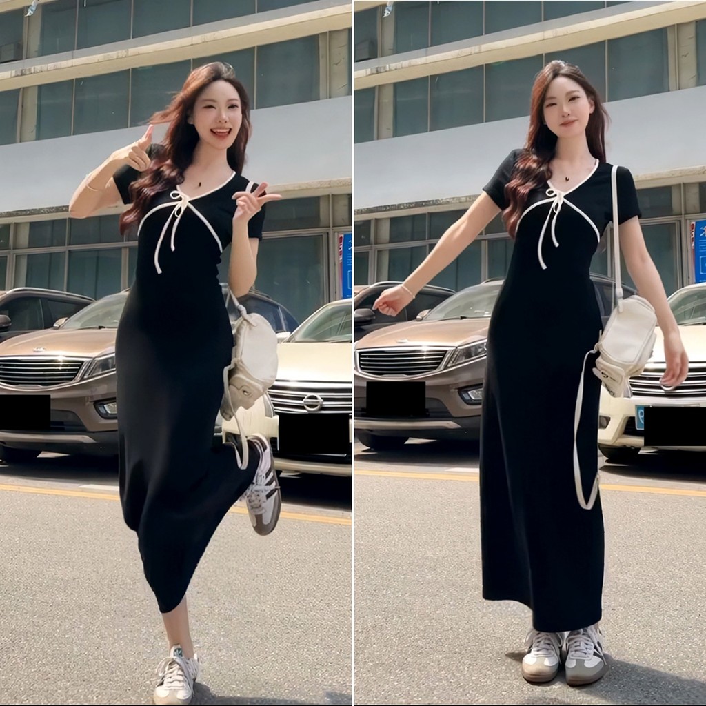 Hotgirl พร้อมส่ง เดรสดำผู้หญิง ชุดเดรสยาวแขนสั้น รุ่นใหม่ล่าสุด เรียบง่าย ดีไซน์ผูกเชือก