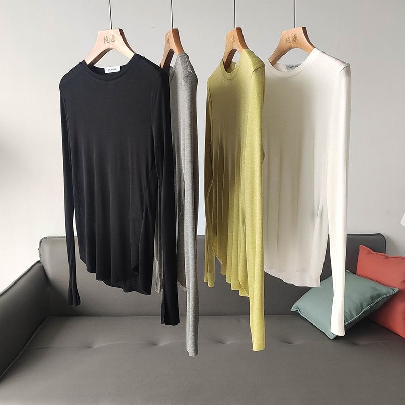 แฟชั่นสบายหลวมทุกการแข่งขันแขนยาวเสื้อยืดเกาหลีสบายๆรอบคอเรียบง่าย