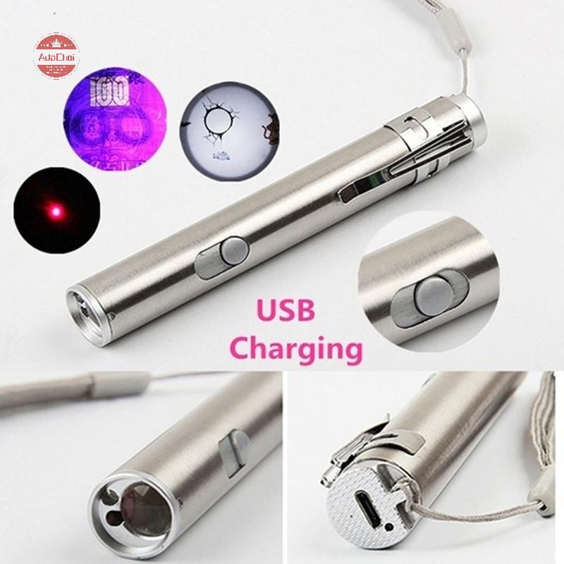 AdaChoi 3 In1 ไฟฉาย USB อลูมิเนียมอัลลอยด์ USB ชาร์จเลเซอร์ TH