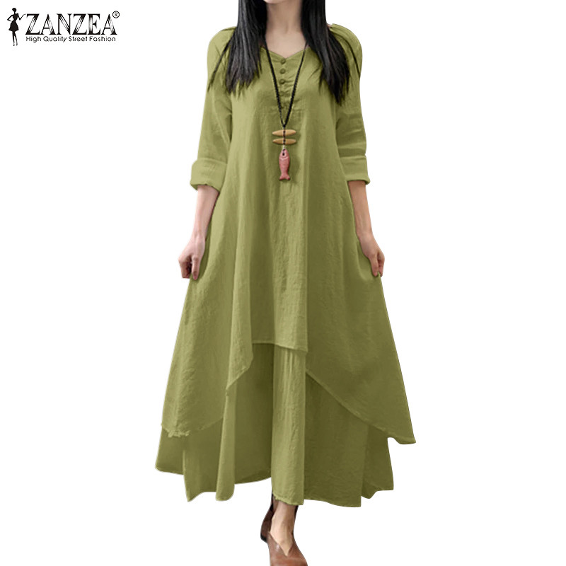 ZANZEA ซานเซีย ชุดเดรสคอวีแขนยาวทรงหลวมหรูหราเกาหลีสําหรับผู้หญิง
