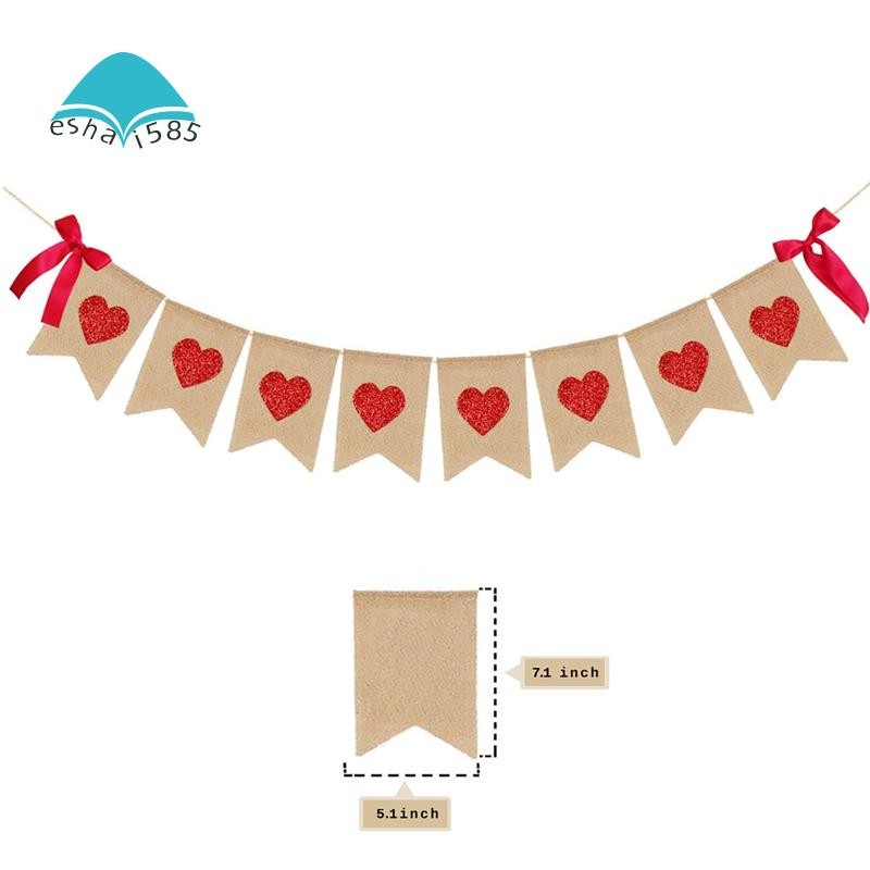 Eshai585Red Love Glitter Heart Burlap Bunting แบนเนอร์ Garland แขวนตกแต่งวันวาเลนไทน์งานแต่งงานครบรอบ Party Supplies - A