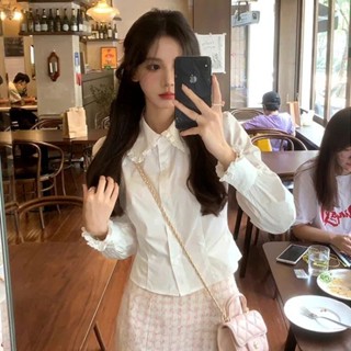 🎀Mona🎀แขนยาว สุภาพสตรี สีทึบ เสื้อเชิ้ต ความเรียบง่าย เวอร์ช…