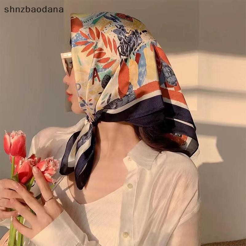 [SHNZAA] แฟชั่นพิมพ์ผ้าพันคอสแควร์ฮิญาบสําหรับผู้หญิงสาว Sa ผ้าไหมมุสลิม Neckerchief ยางรัดผมห่อผ้าคลุมไหล่ Foulard FSSG