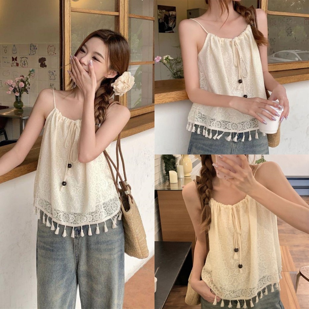 Anne เสื้อสายเดี่ยว ไหมพรม ลวดลายเก๋ๆ รายละเอียดพู่ ผ้านุ่ม เสื้อครอป สไตล์เกาหลี ทรงสวย #61800