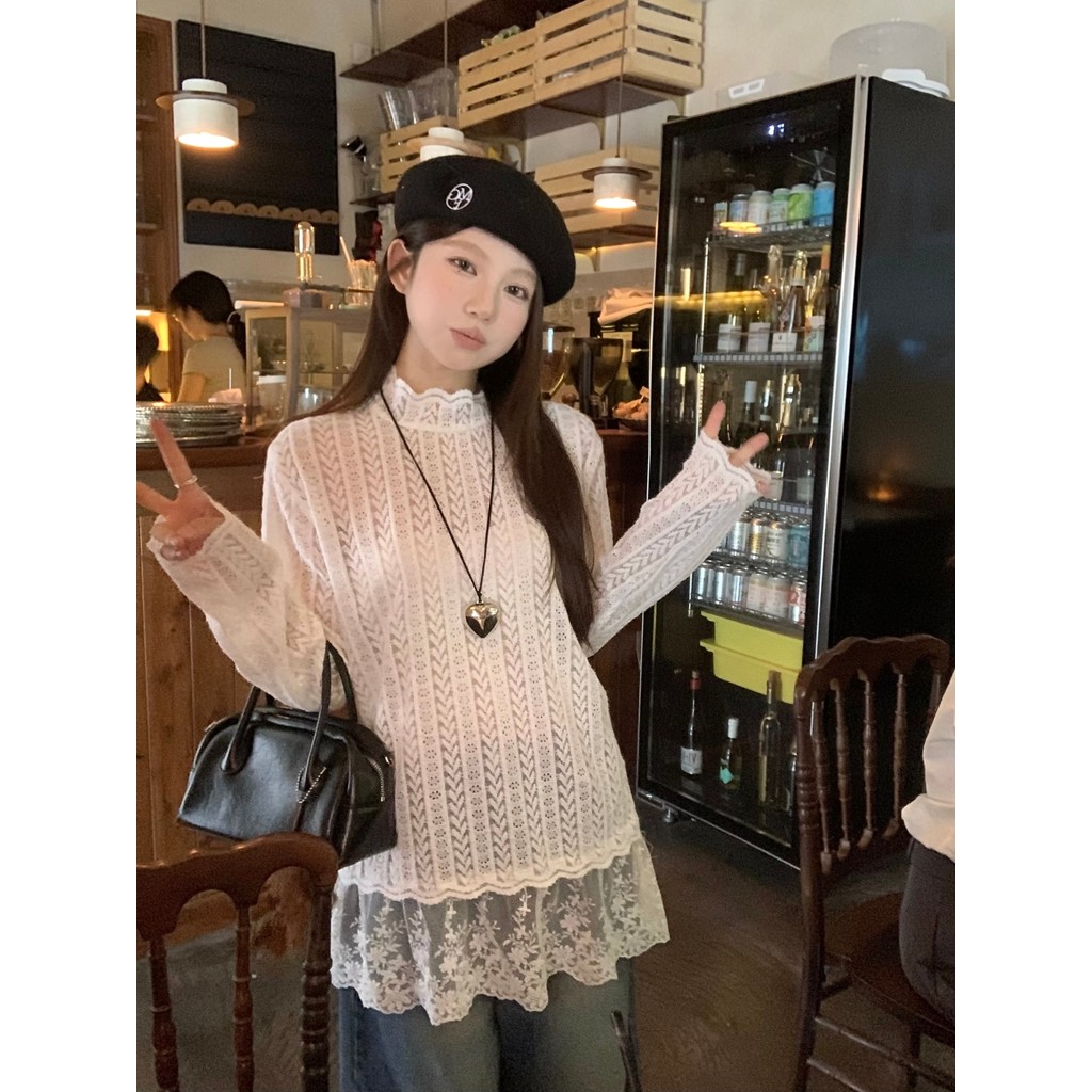 สไตล์เกาหลี ~ สีขาว Bottoming เสื้อผู้หญิง 2024 ฤดูใบไม้ร่วงฤดูหนาว High-End เสื้อยืดลูกไม้ด้านในแขนยาว T