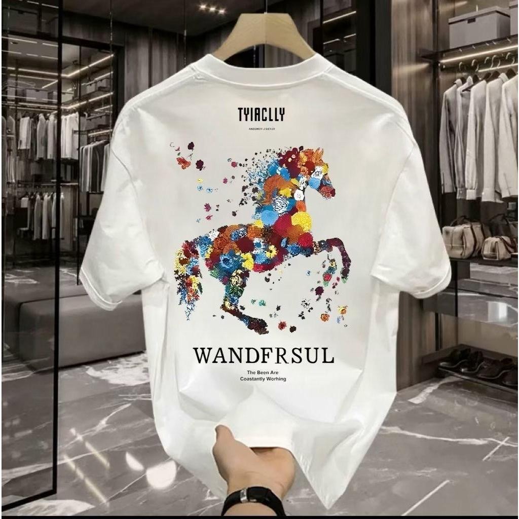 【UT】เสื้อยืดโอเวอร์ไซส์ ผู้ชายและผู้หญิง ลาย "horse" เสื้อยืดผ้าคอตตอน สไตล์เกาหลี เสื้อยืด มินิมอล