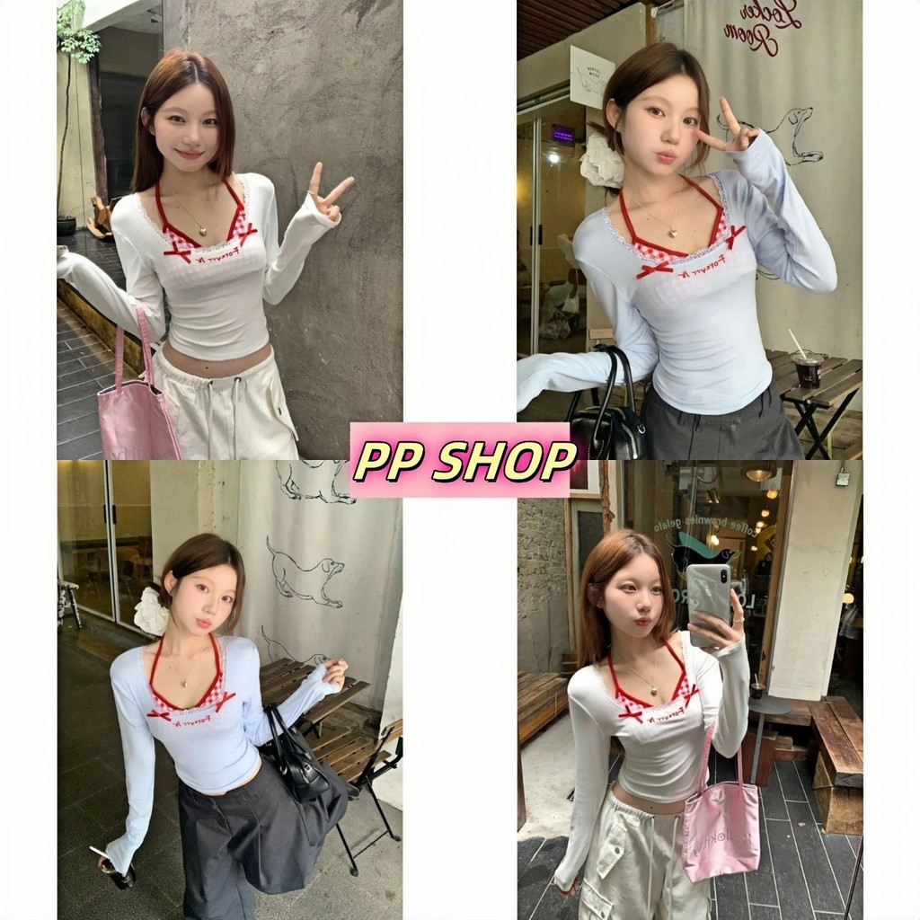 PP Shop​ ​​พร้อมส่งเสื้อยืด ผ้าคอตตอน แฟชั่น สไตล์ลำลอง ของปลอมสองชิ้น ใส่สบาย มีฟองน้ำ แขนยาวแต่งลูกไม้ ผูกโบว์#FY5073