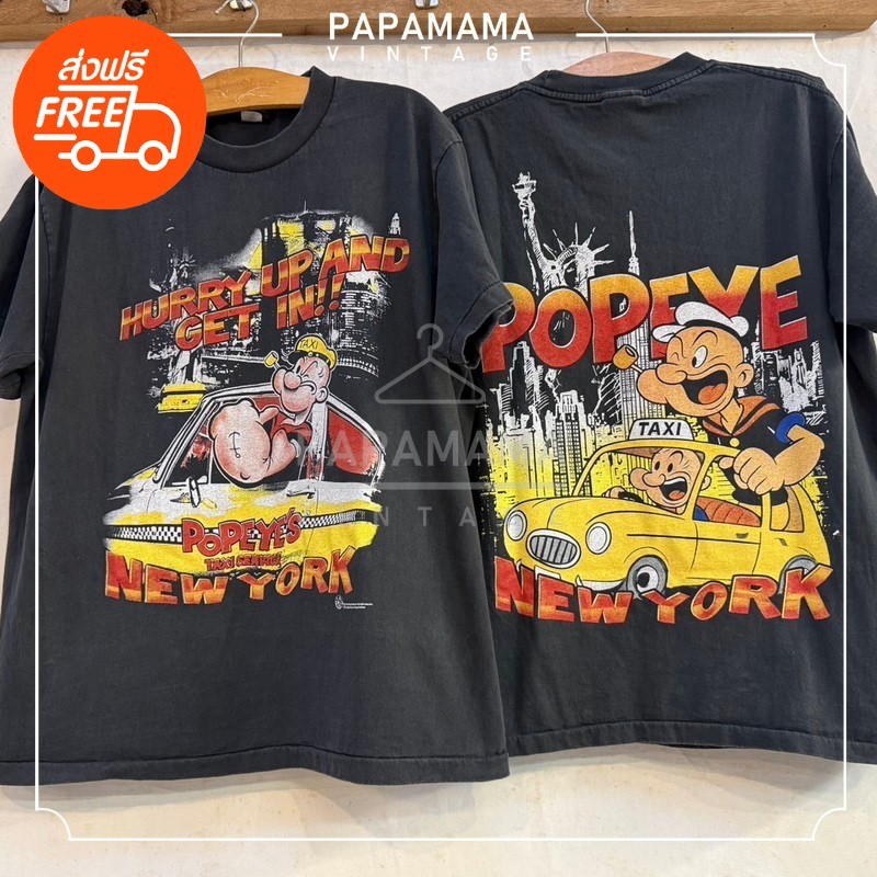 [ POPEYE ] TAXI SERVICE NEW YORK Bio Washed tag BL เสื้อวินเทจ เสื้่อการ์ตูน papamama vintage shirt