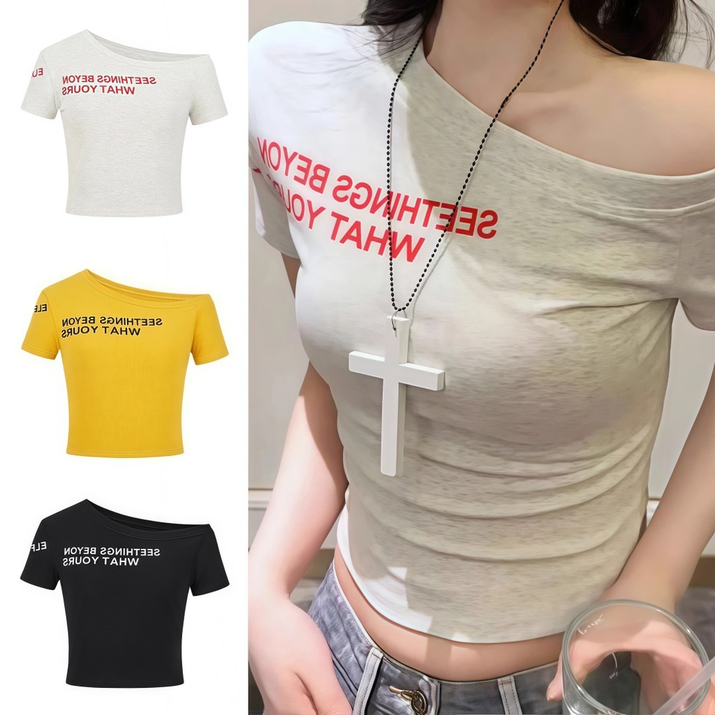 💋Pink girl💋​พร้อมส่ง เสื้อแขนสั้น ครอป ดีเทลเปิดไหล่ สกีนตัวอักษร ' FY8703