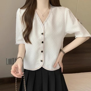 เสื้อคลุมแขนสั้น ทรงคอวี รุ่นติดกระดุม สไตล์สตรีท แต่งถักขอบทอง แนวเกาหลี เรียบง่าย เนื้อผ้าชีฟอง ใส่สบายมาก