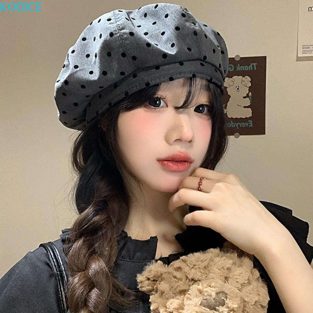 KODICE Polka Dot Berets สไตล์เกาหลี Y2K หมวกเบเรต์ย้อนยุคสำหรับวันสบาย ใช้งานได้ทั้งในฤดูใบไม้ผลิและฤดูร้อน
