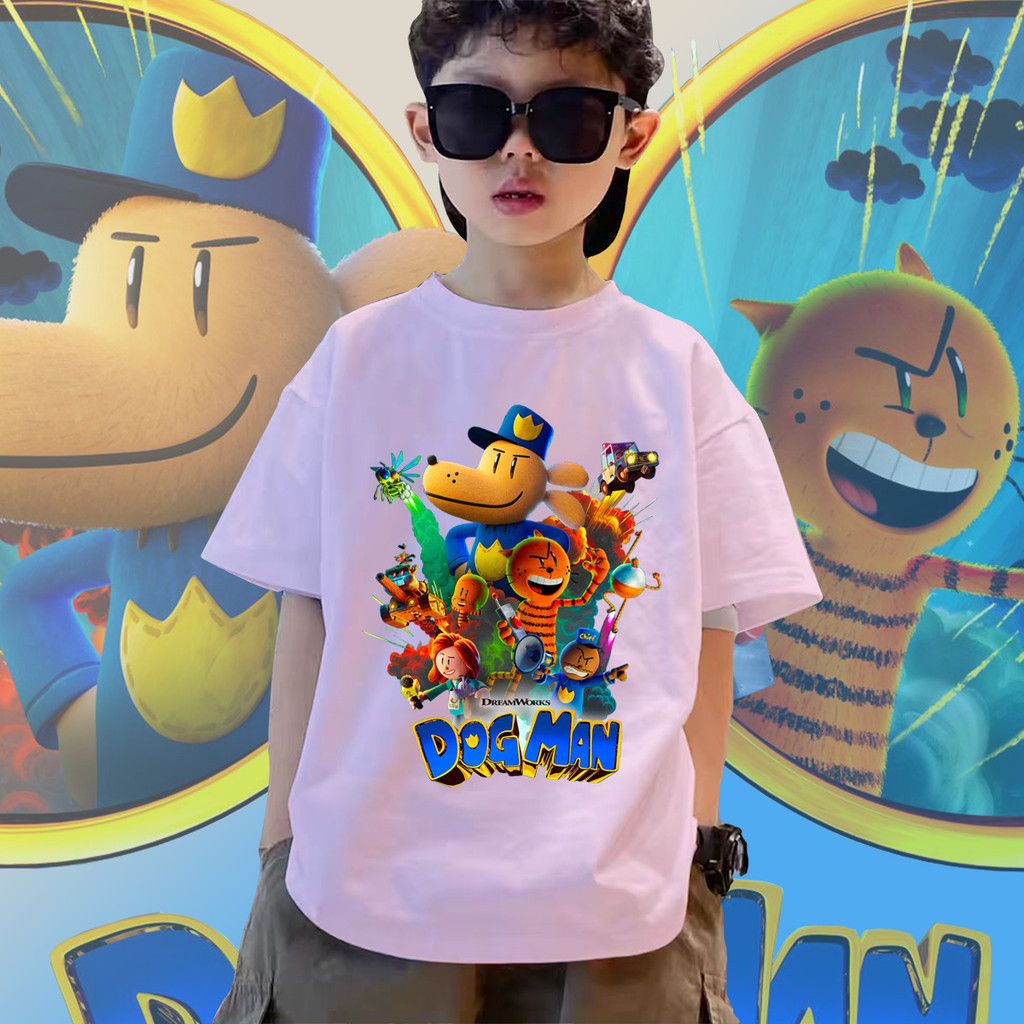 S-5XL ขายร้อน เสื้อ 8 สี Dog Man แอนิเมชั่น เสื้อยืดเด็กน่ารัก คอกลม ผ้าฝ้ายแท้ Children's T-shirt 100-150cm