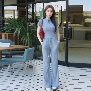 ชุดเซตสีเทา ลุคปังปัง แฟชั่น ขากว้าง คอฮาเตอร์