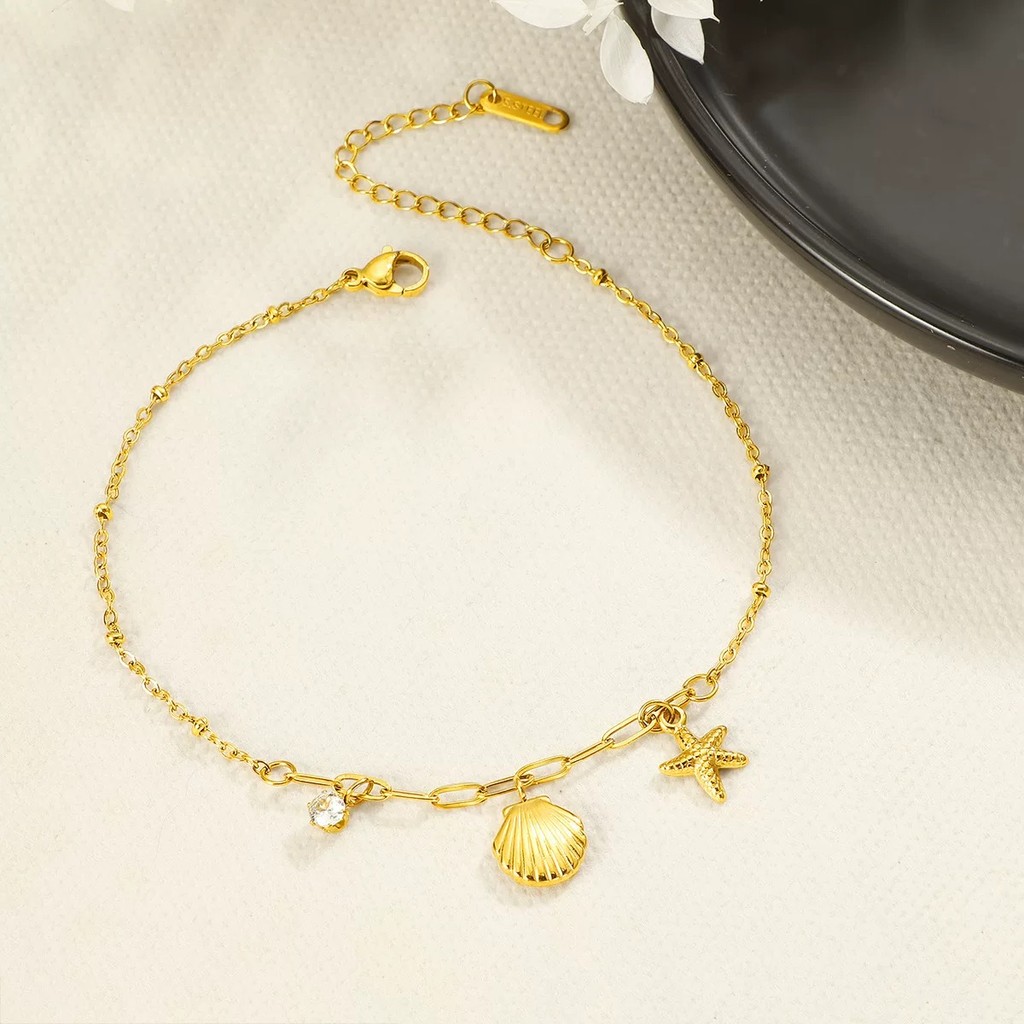 Golden Shell Starfish Anklet สร้อยข้อมือเหล็กไทเทเนียม สไตล์หรูหราและพรีเมียม