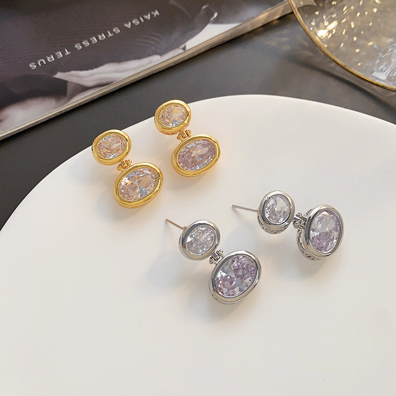 ต่างหู ทองแดงชุบ 24เค ทองแท้รูปไข่เพทายต่างหูสุภาพสตรีเครื่องประดับ