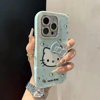 สองด้านฝังRhinestone 3Dโบว์การ์ตูนแมวสําหรับiPhone 13 14 15 16 Pro Max Anti fall hard CoverสําหรับiPhone15Promaxกรณีปลอก
