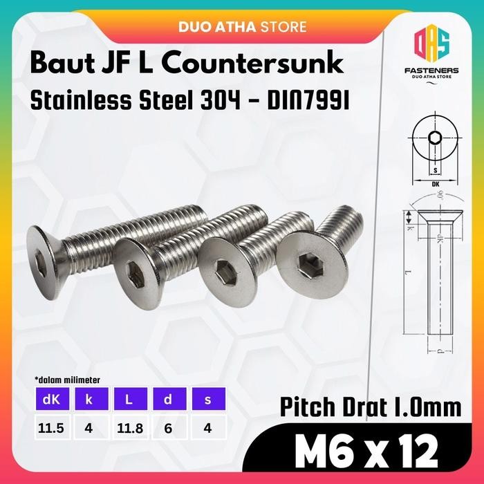 M6x12 Bolt JF L M6 x 12 Stainless / Bolt Verseng M6 x 12 Stainless / Countersunk M6 x 12 Stainless S