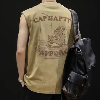 EERSHENSHI เสื้อกั๊กผู้ชายคอกลมเสื้อยืดแขนกุดพิมพ์ลายชายเสื้อที่เสียหาย