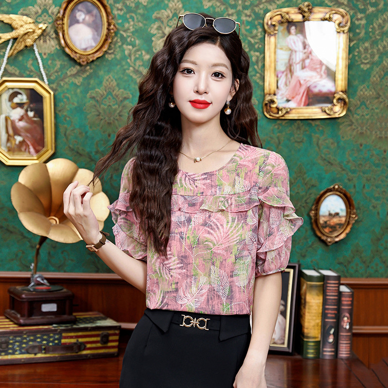 ฤดูร้อนรอบคอ Ruffled Top แฟชั่น All-Match เสื้อผู้หญิง IF7E