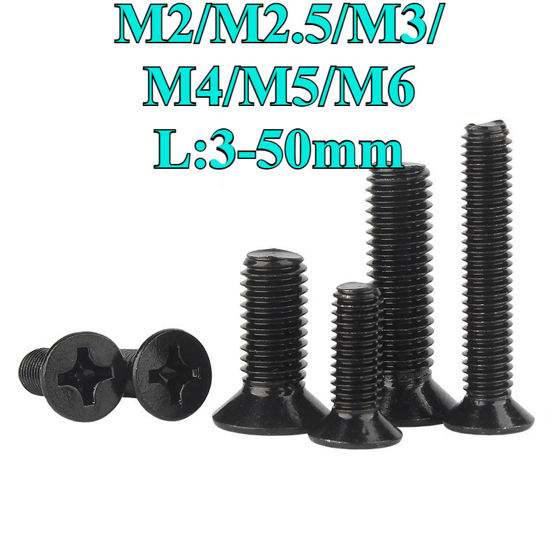 ((LXY) น็อต สกรู หัวเตเปอร์ แฉก F+ สีดํา สแตนเลส 304 เกลียวมิล หยาบ/Flat Head Phillip Machine Screw M2/M2.5/M3/M4/M5/M6 * L: 3-50mm (RM-TH-w)