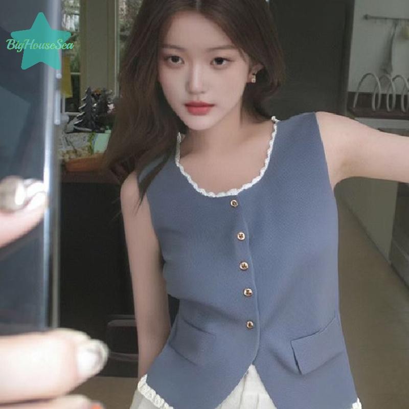 [บ้านใหญ่ทะเล] ฤดูร้อนสไตล์เกาหลีลูกไม้เย็บเสื้อกั๊กระดับไฮเอนด์ปลอมสองชิ้นสําหรับผู้หญิงใหม่