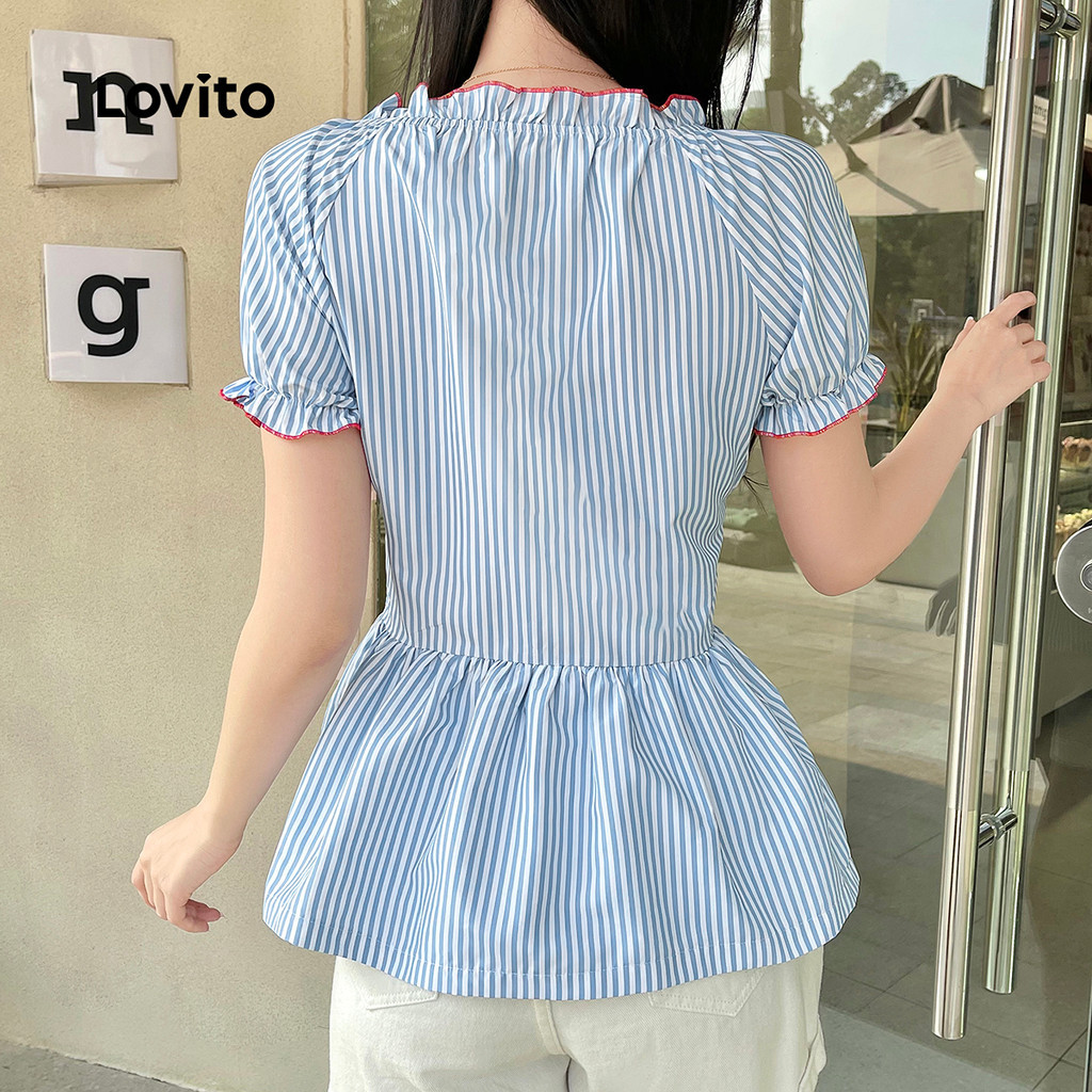 ลดราคา (อินเทรนด์) Lovito น่ารัก Contrast จีบเข้าเล่ม Smock ฤดูร้อน/ฤดูใบไม้ผลิเสื้อสําหรับผู้หญิง L