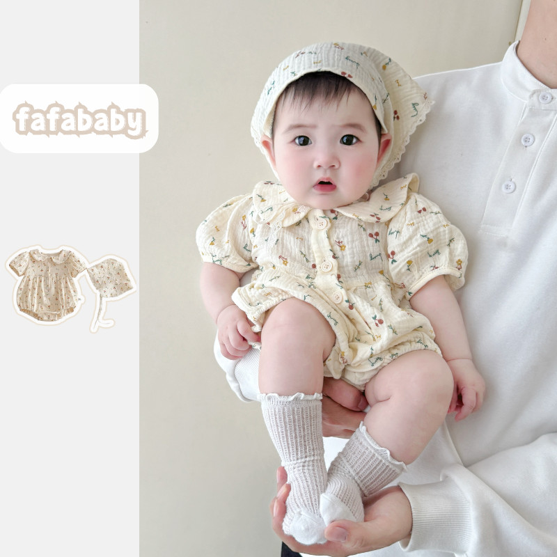 หมวกฤดูร้อนที่มีรูปแบบเชอร์รี่น่ารักบอดี้สูท 0-2 ปีเสื้อผ้าสาว