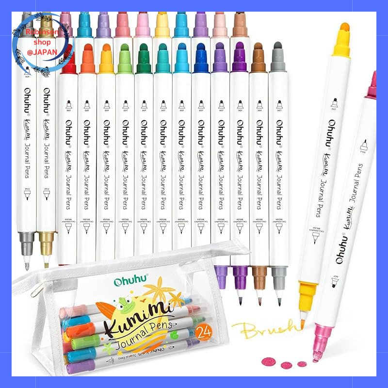 Ohuhu Dot Pen Set - 24 Colors, Dot Markers, Brush & Fine Tip, Water-Based Pens, Metallic & Basic Col