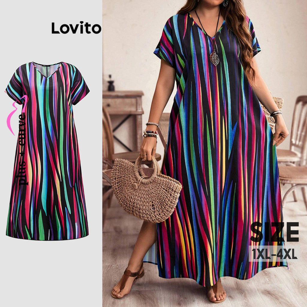 Lovito ชุดเดรสสาวอวบ เบสิก ลายทางสีรุ้ง ลำลอง LBL18928