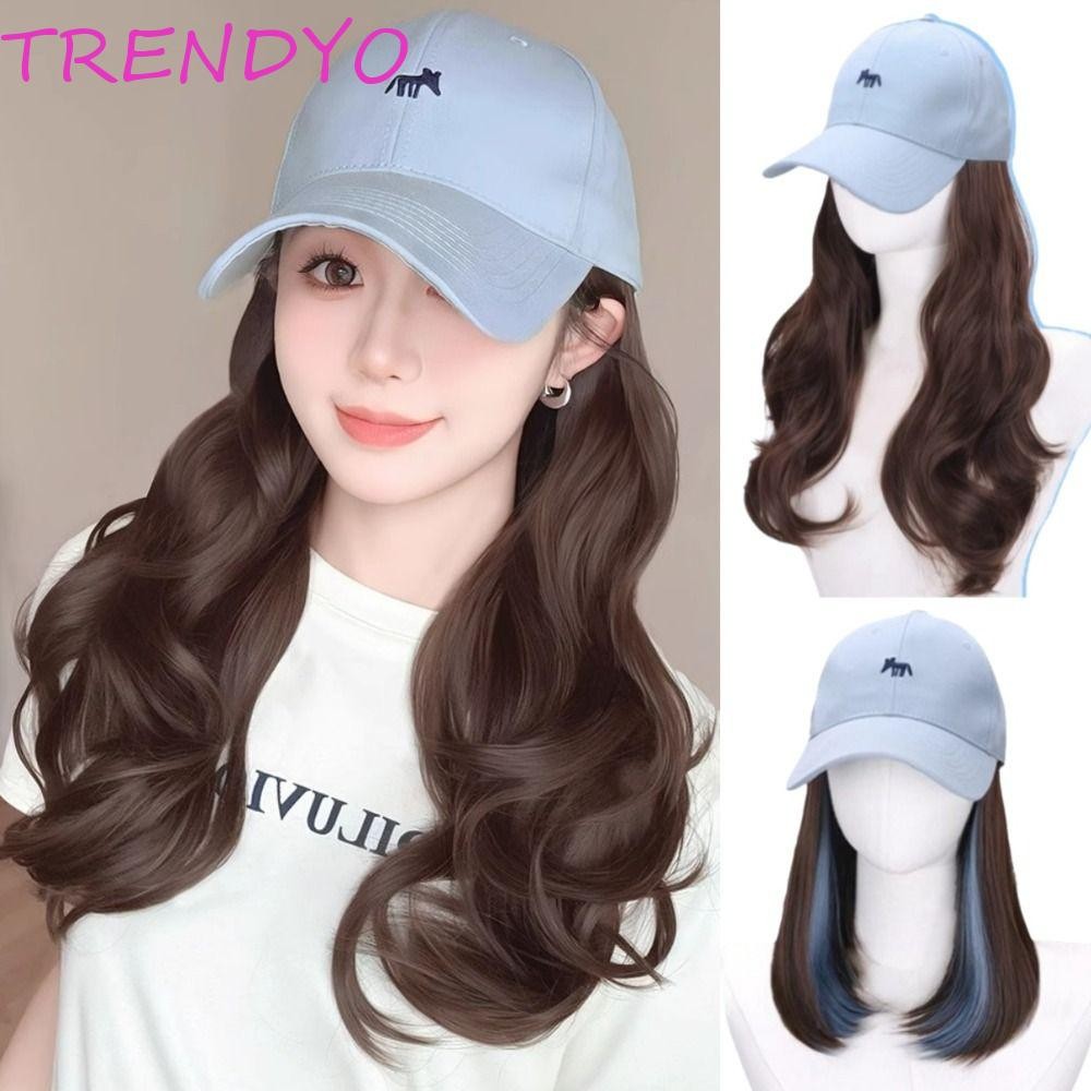 หมวกเบสบอลพร้อมวิกผมสีฟ้า ผมยาวหยักน้ำ แบบแฟชั่นบ๊อบสไตล์เกาหลี
